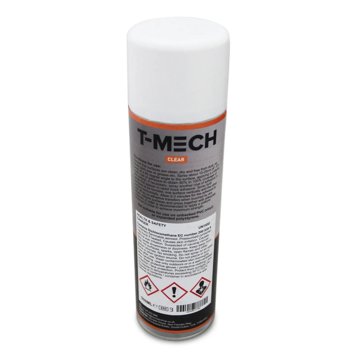 T-Mech 12 x 500ml Ultimate Trim Adhesive in a clear spray can with safety warnings, featuring a white cap and detailed label