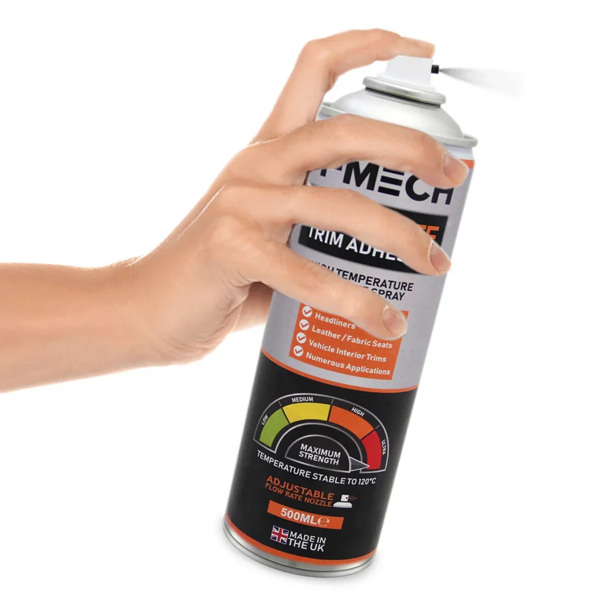 Black spray can of trim adhesive with adjustable nozzle, hand gripping can, labeled for vehicle interior applications