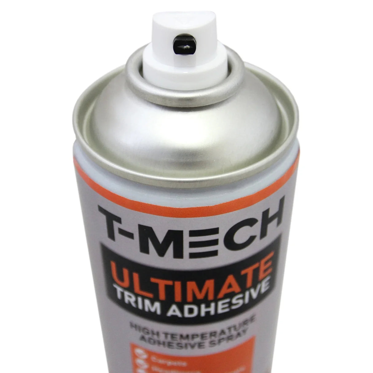 T-Mech 12 x 500ml Ultimate Trim Adhesive spray can with a silver finish, featuring an orange and black label, nozzle at the top