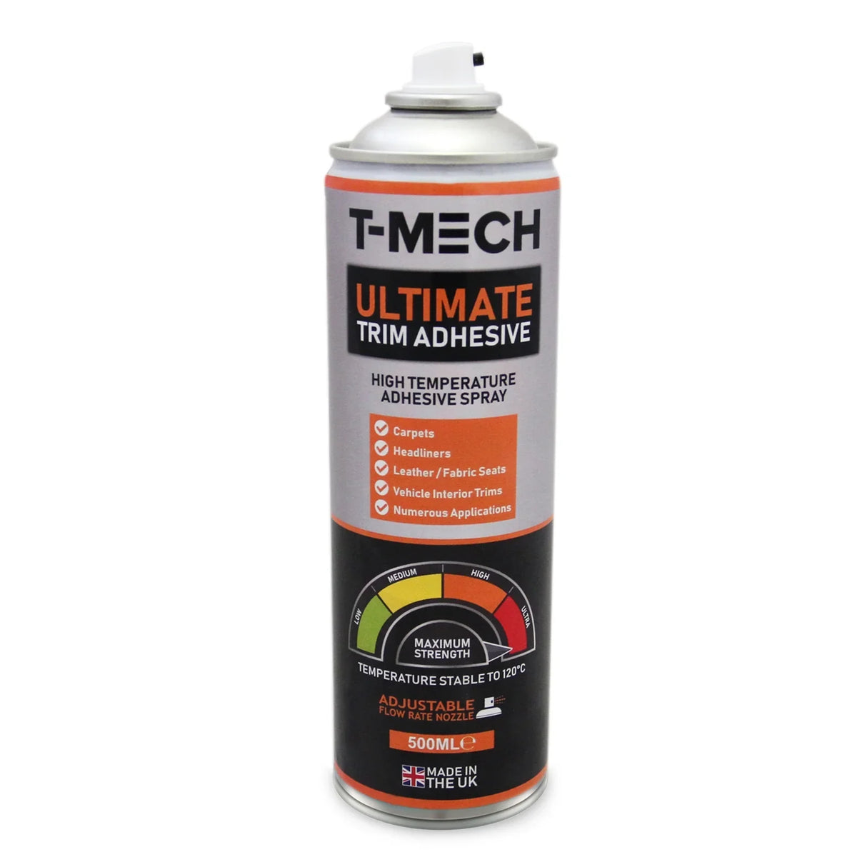 T-Mech Ultimate Trim Adhesive spray can, 500ml, featuring a sleek silver design with bold black and orange labels, ideal for high-temperature applications
