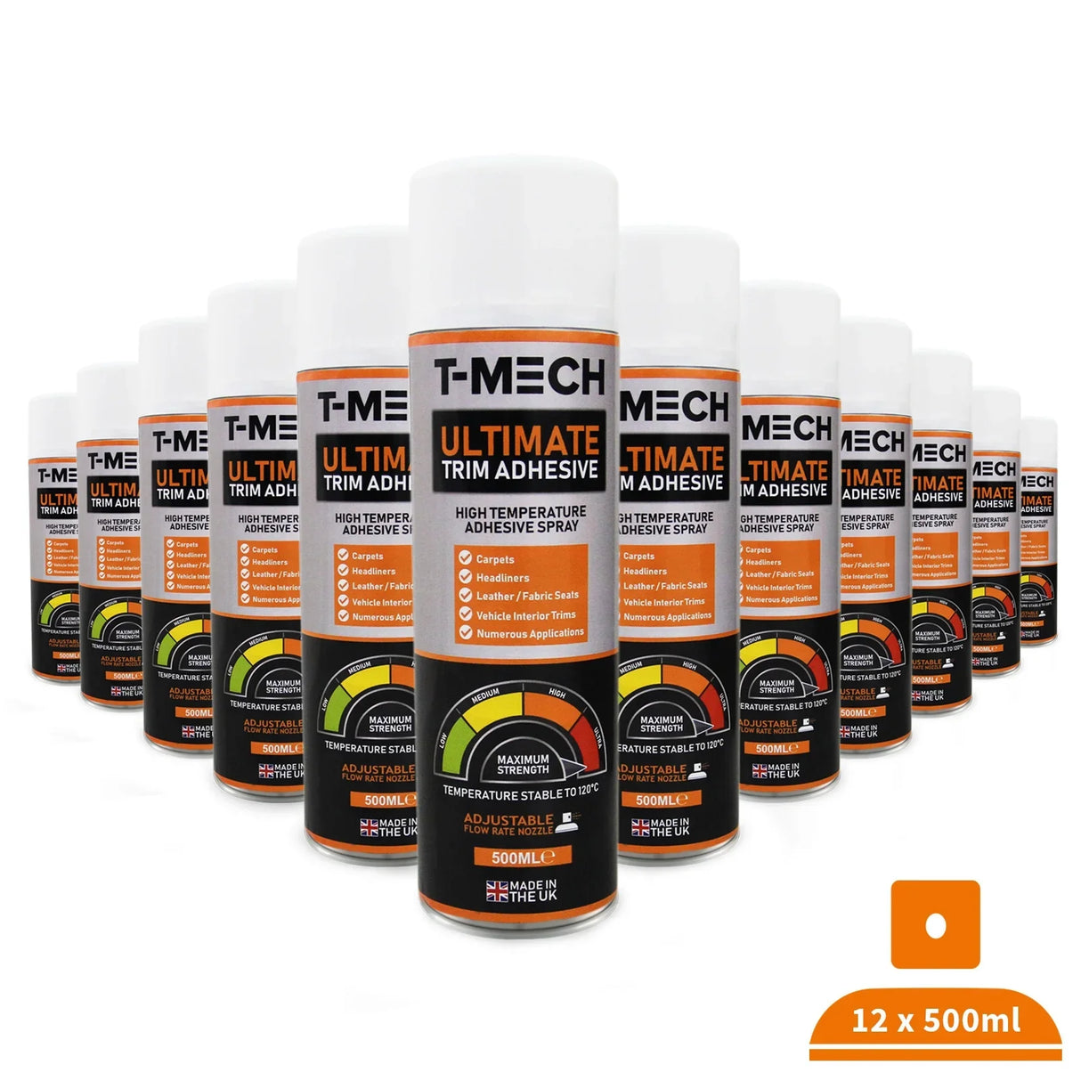 T-Mech Ultimate Trim Adhesive, 12 cans of 500ml each, featuring a sleek white design with bold orange and black labels, ideal for high-temperature bonding