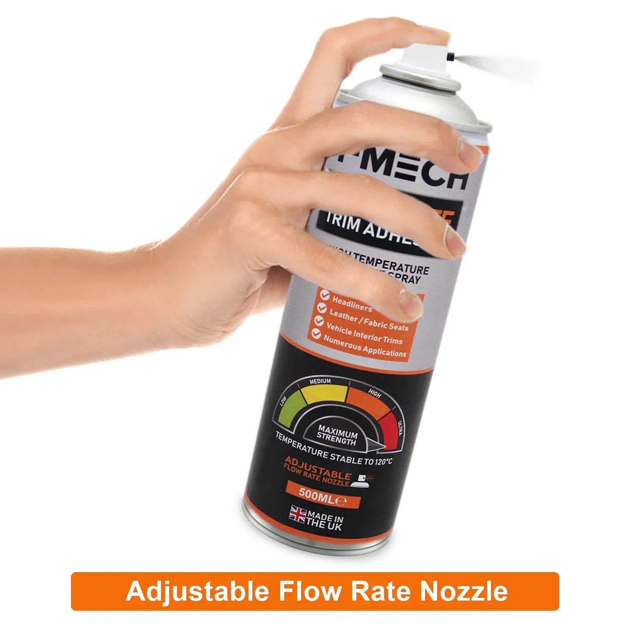 T-Mech 12 x 500ml Ultimate Trim Adhesive spray can with adjustable nozzle, hand holding can, featuring clear temperature indicator
