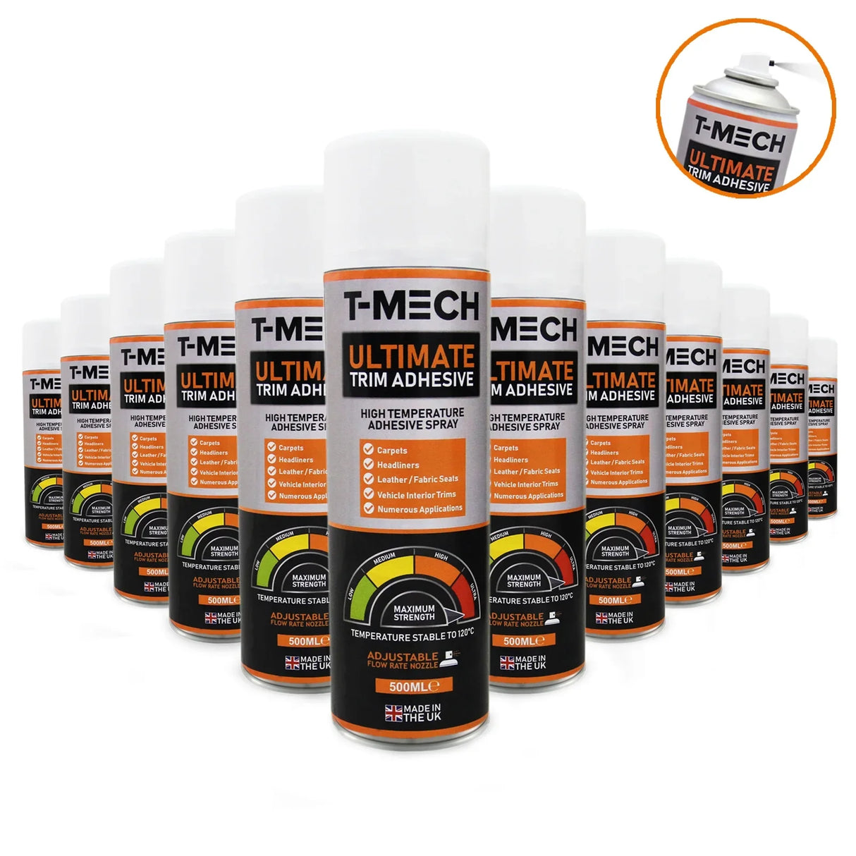 T-Mech Ultimate Trim Adhesive spray cans in a row, featuring a sleek design with bold orange and black labels, 500ml each