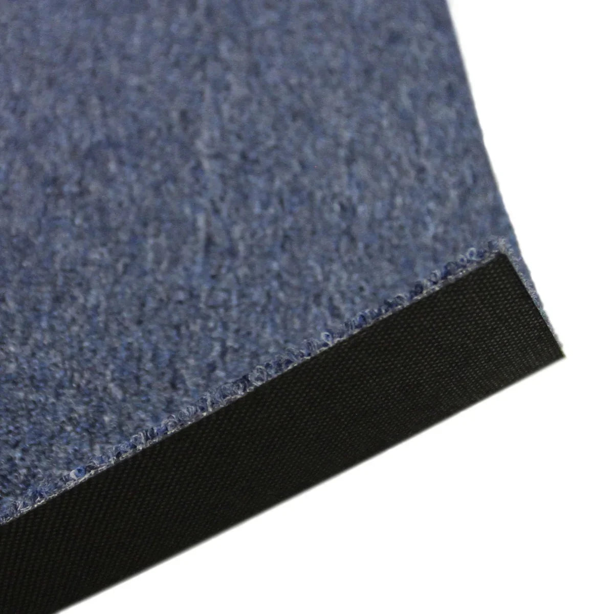 Storm blue carpet tile with a textured surface and black backing, showcasing a close-up view of the edge and material quality