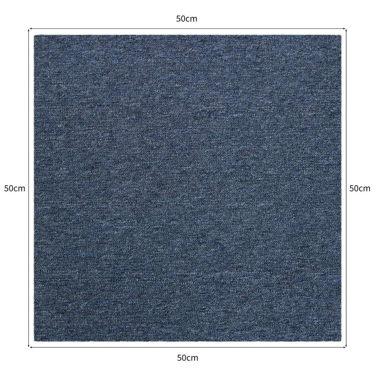 Storm blue carpet tile measuring 50cm x 50cm, featuring a textured surface and soft, durable fabric ideal for modern interiors