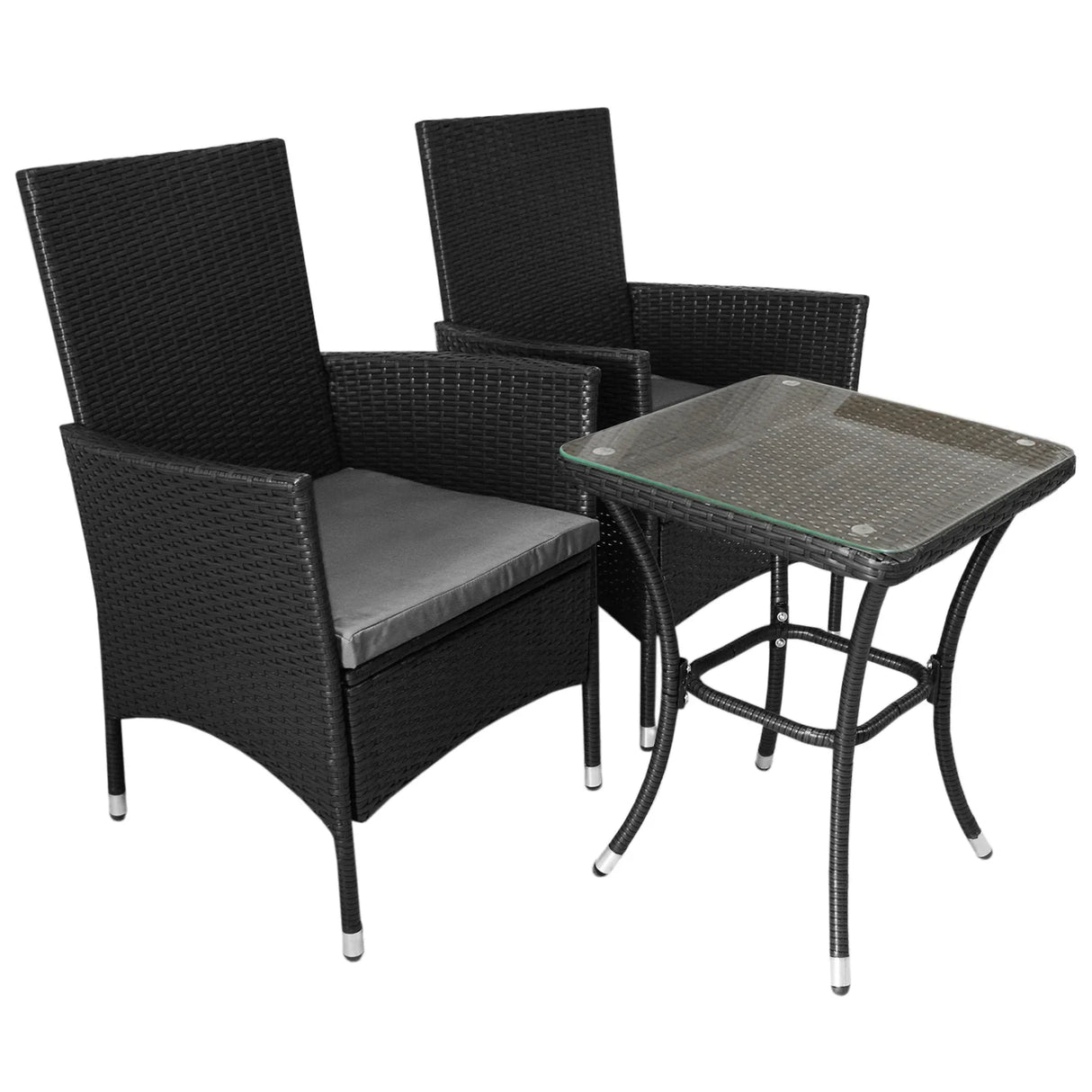 Black rattan bistro set featuring two high-backed chairs with gray cushions and a glass-top side table, perfect for outdoor dining