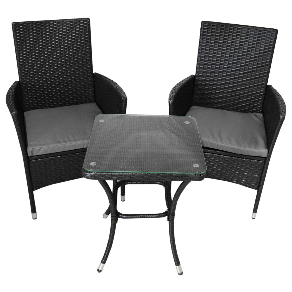 Black rattan bistro set featuring two cushioned chairs and a glass-top table, perfect for outdoor dining or relaxation
