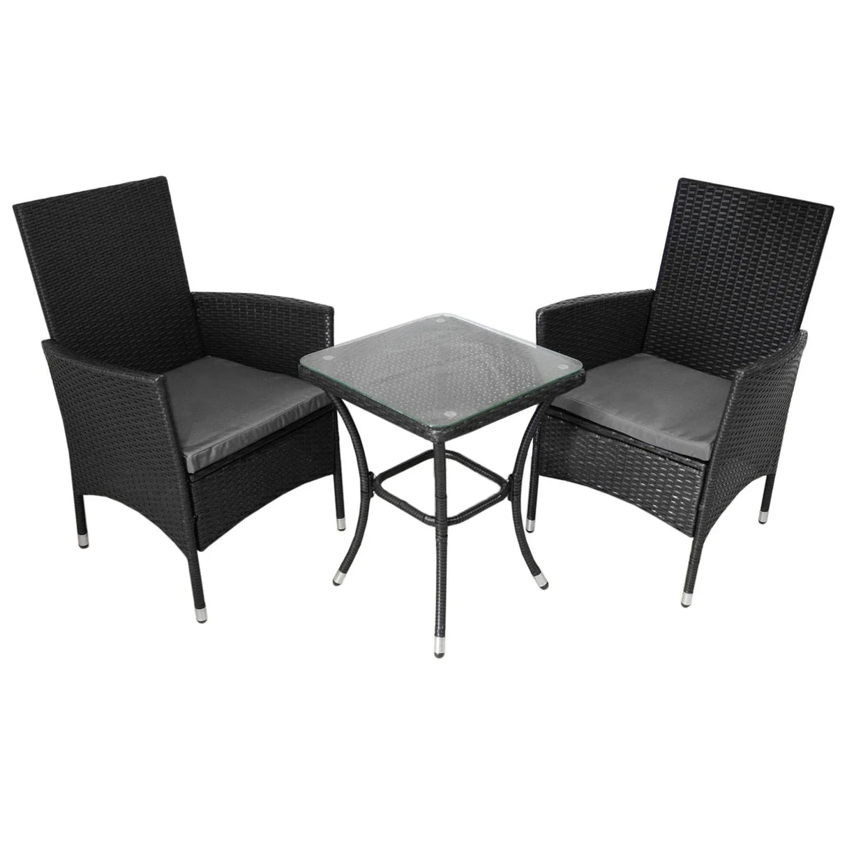 Black rattan bistro set featuring two chairs with gray cushions and a square glass-top table, perfect for outdoor dining