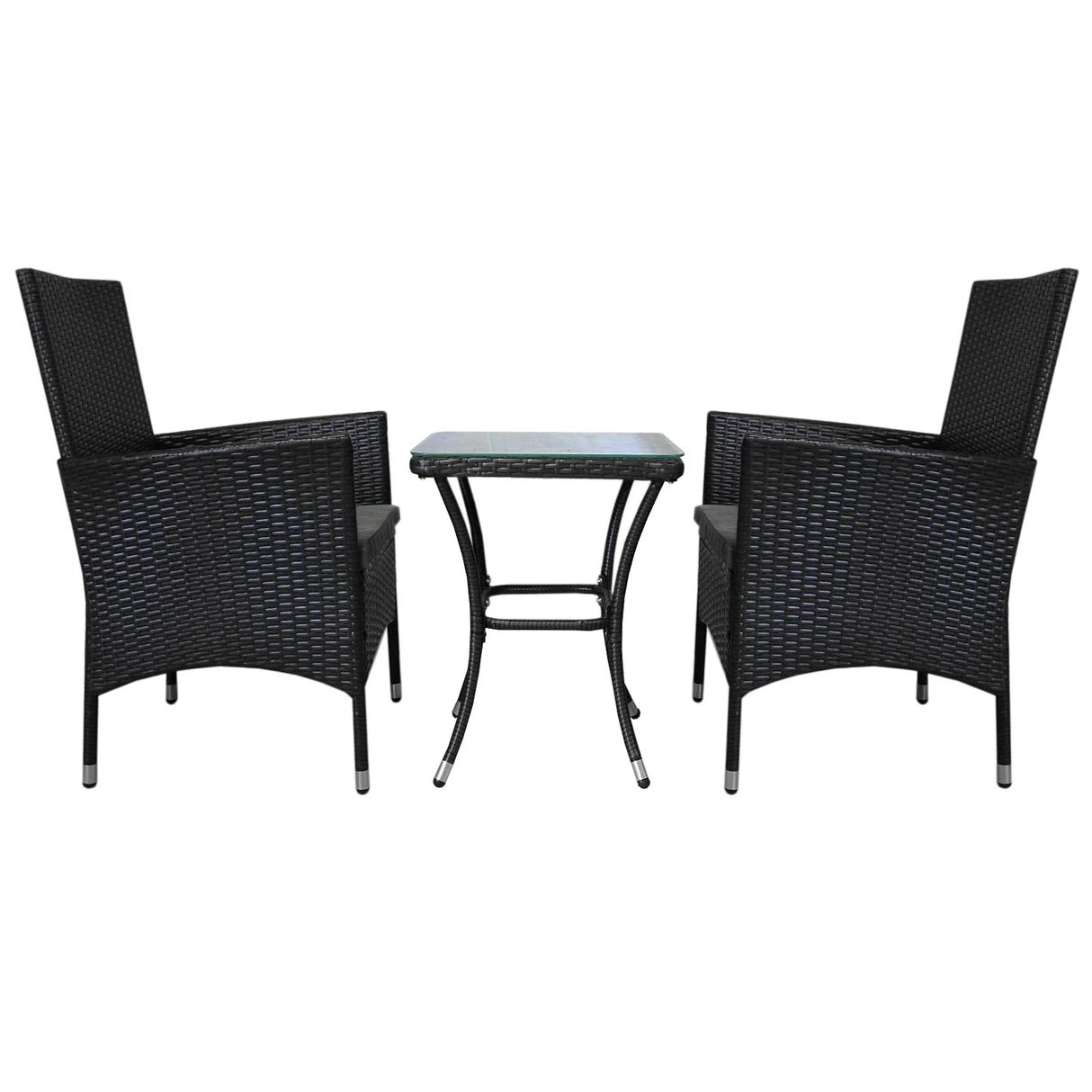 Black rattan bistro set featuring two high-backed chairs and a matching table, perfect for outdoor dining or relaxation