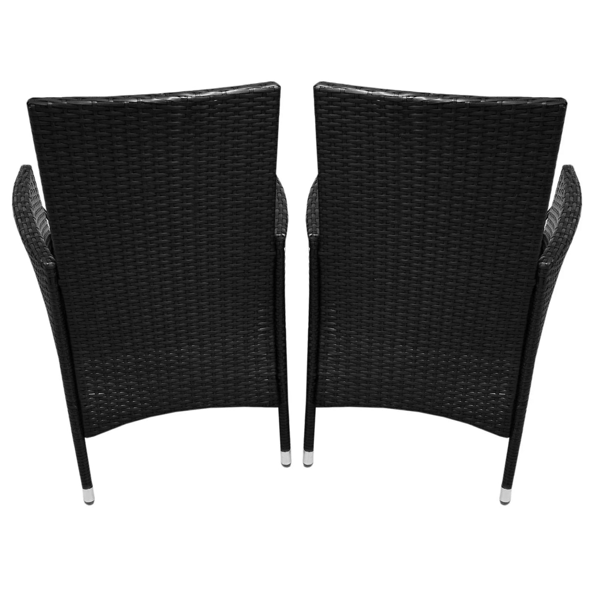 Black rattan bistro set featuring two stylish chairs with curved backs and sleek silver legs, perfect for outdoor dining