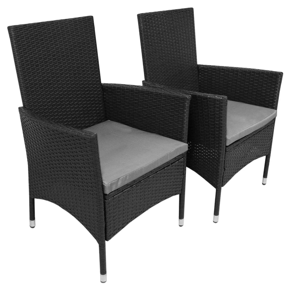 Black rattan bistro set featuring two high-backed chairs with gray cushions, perfect for outdoor dining and relaxation