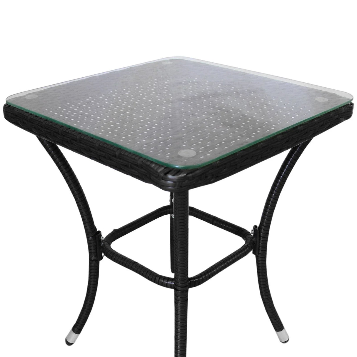 Square black rattan bistro table with a glass top, featuring a woven texture and sleek metal legs, perfect for outdoor dining