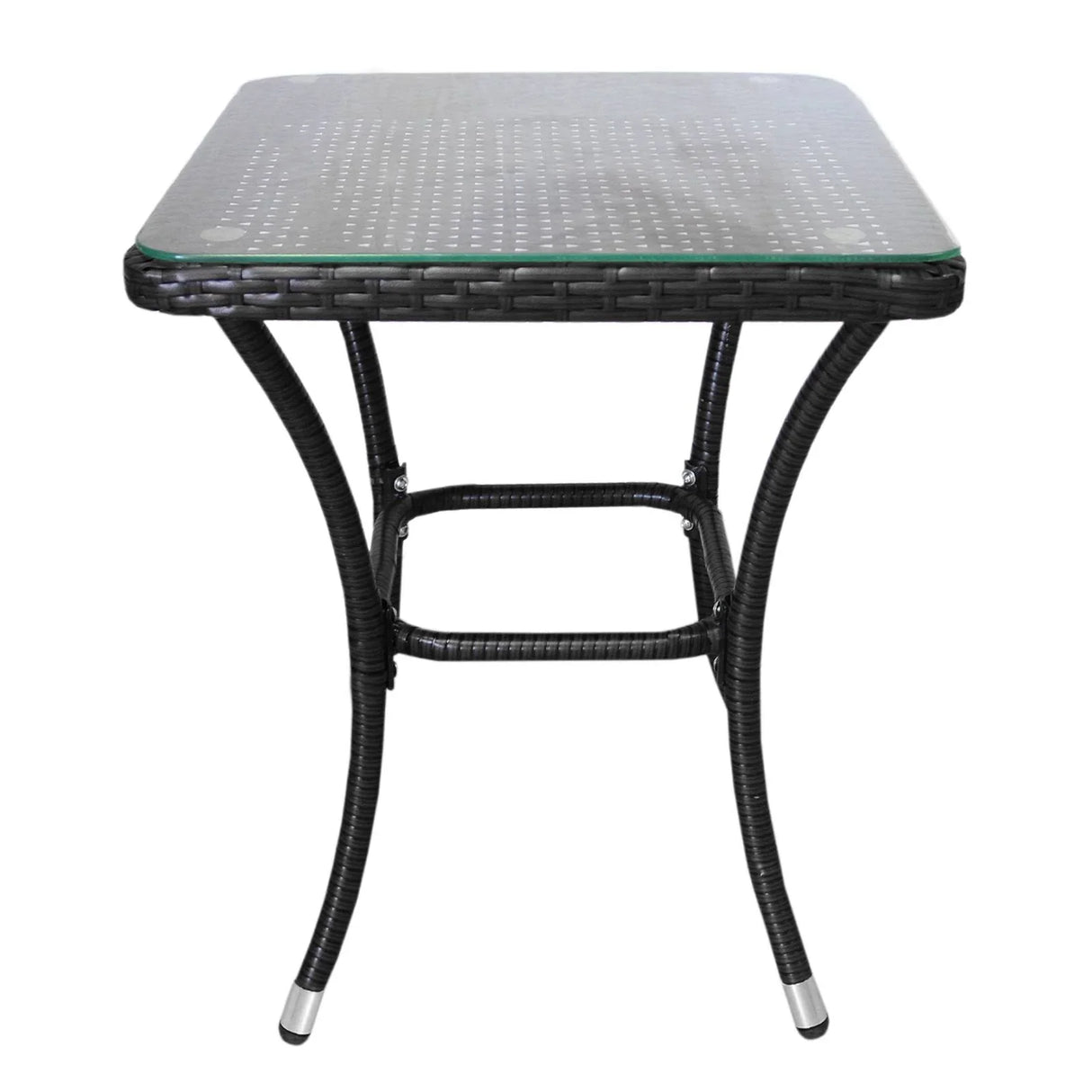 Black rattan bistro table with a square glass top, featuring a woven texture and sleek, curved legs for outdoor dining elegance