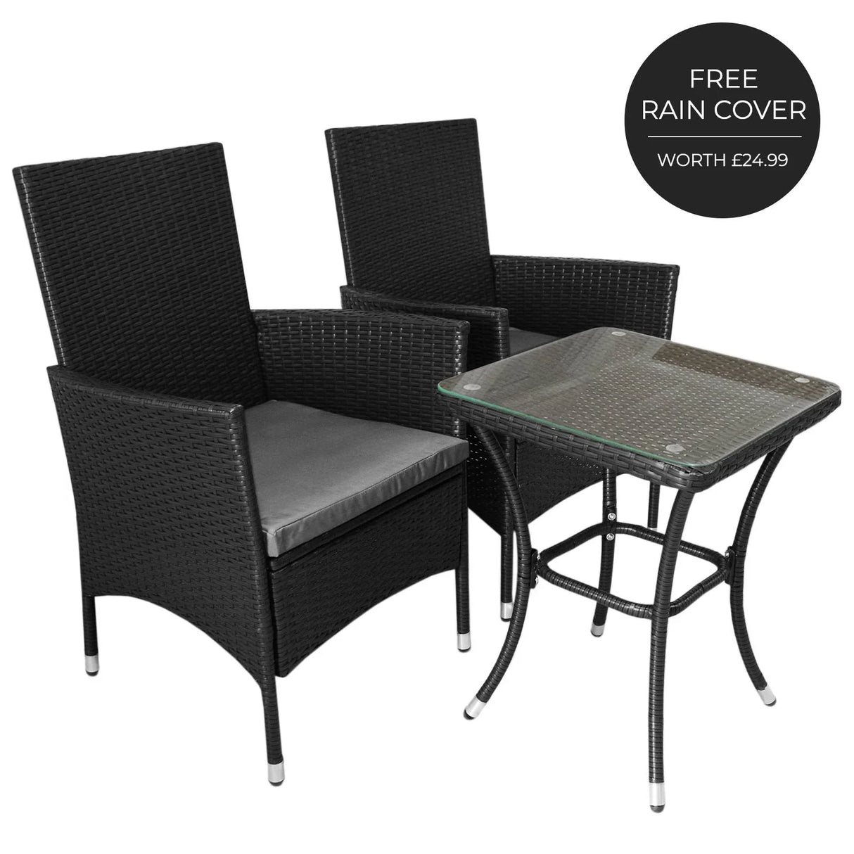 Black rattan bistro set featuring two high-backed chairs with gray cushions and a glass-topped table, includes a free rain cover