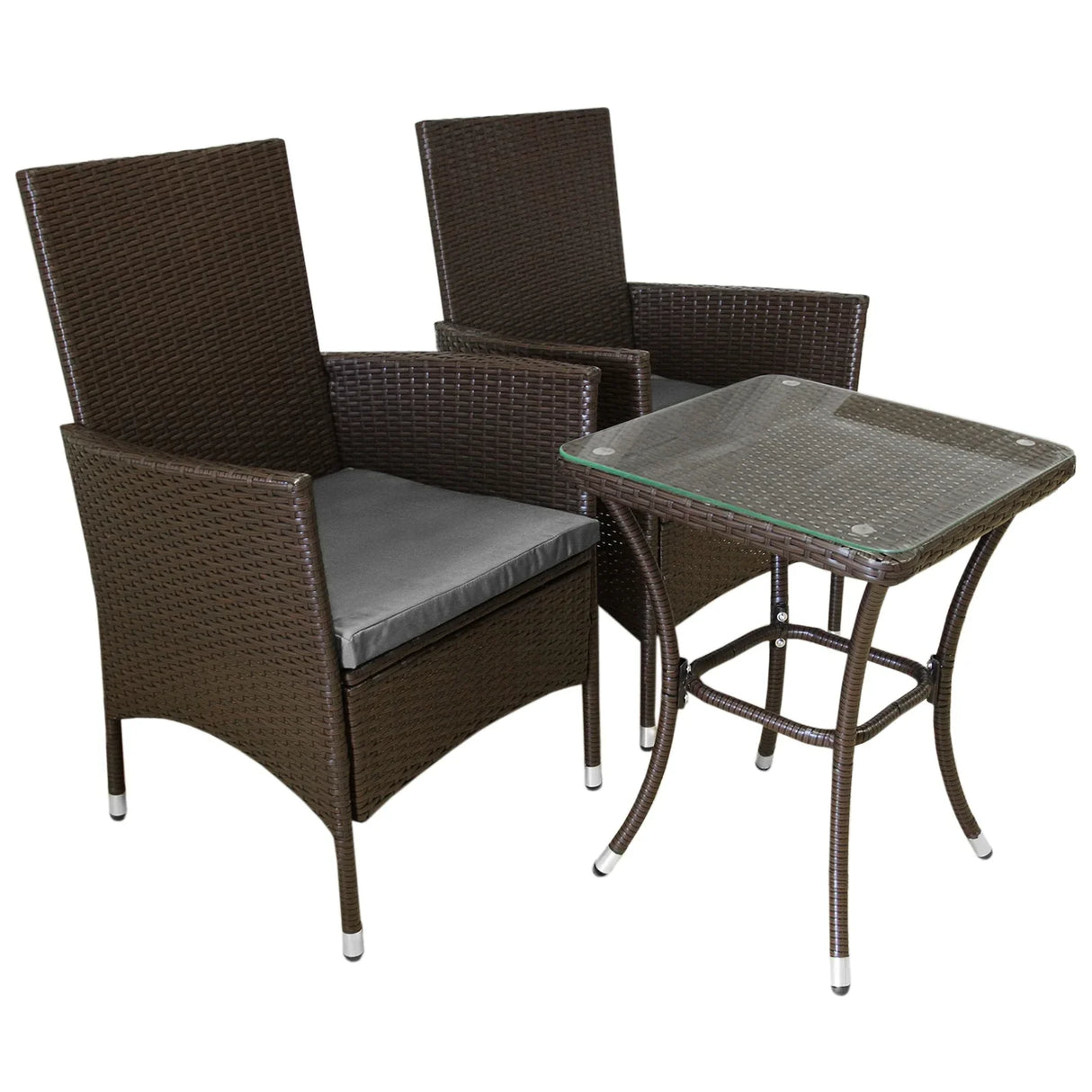 Brown rattan bistro set featuring two high-back chairs with cushions and a glass-top table, perfect for outdoor dining and relaxation