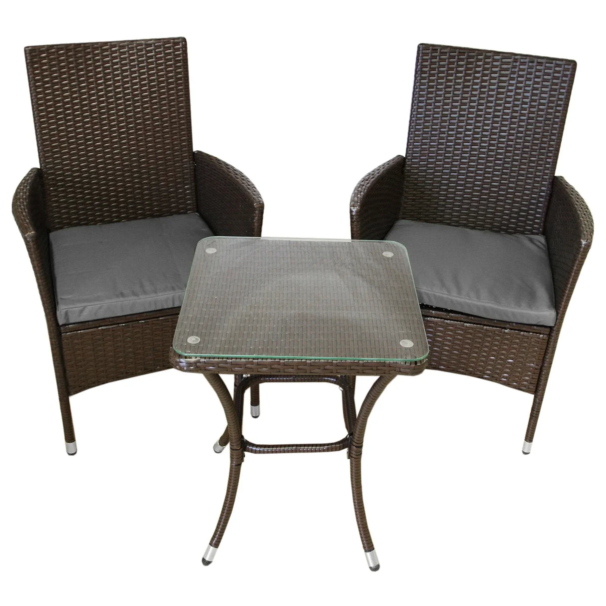 Brown rattan bistro set featuring two cushioned chairs and a glass-top table, perfect for outdoor dining and relaxation