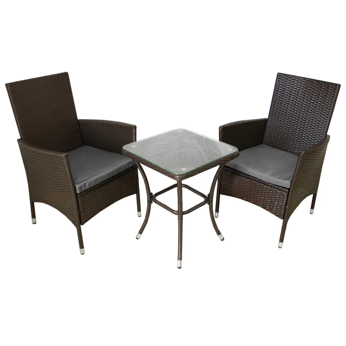 Brown rattan bistro set featuring two chairs with gray cushions and a glass-top table, perfect for outdoor dining or relaxation