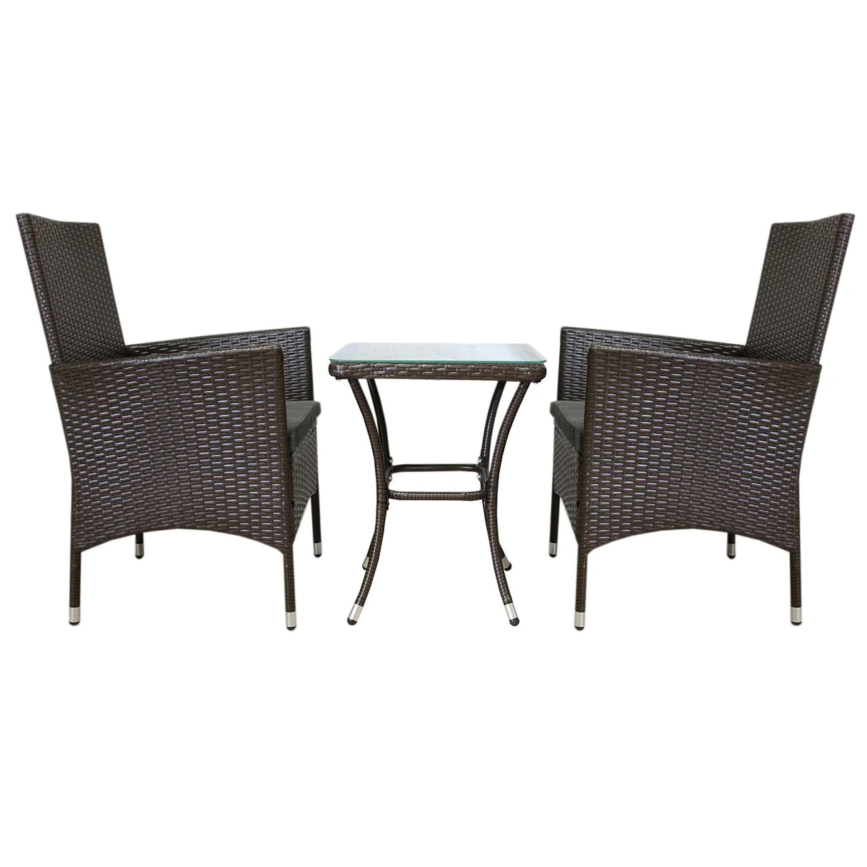 Brown rattan bistro set featuring two high-back chairs and a matching glass-top table, perfect for outdoor dining or relaxation