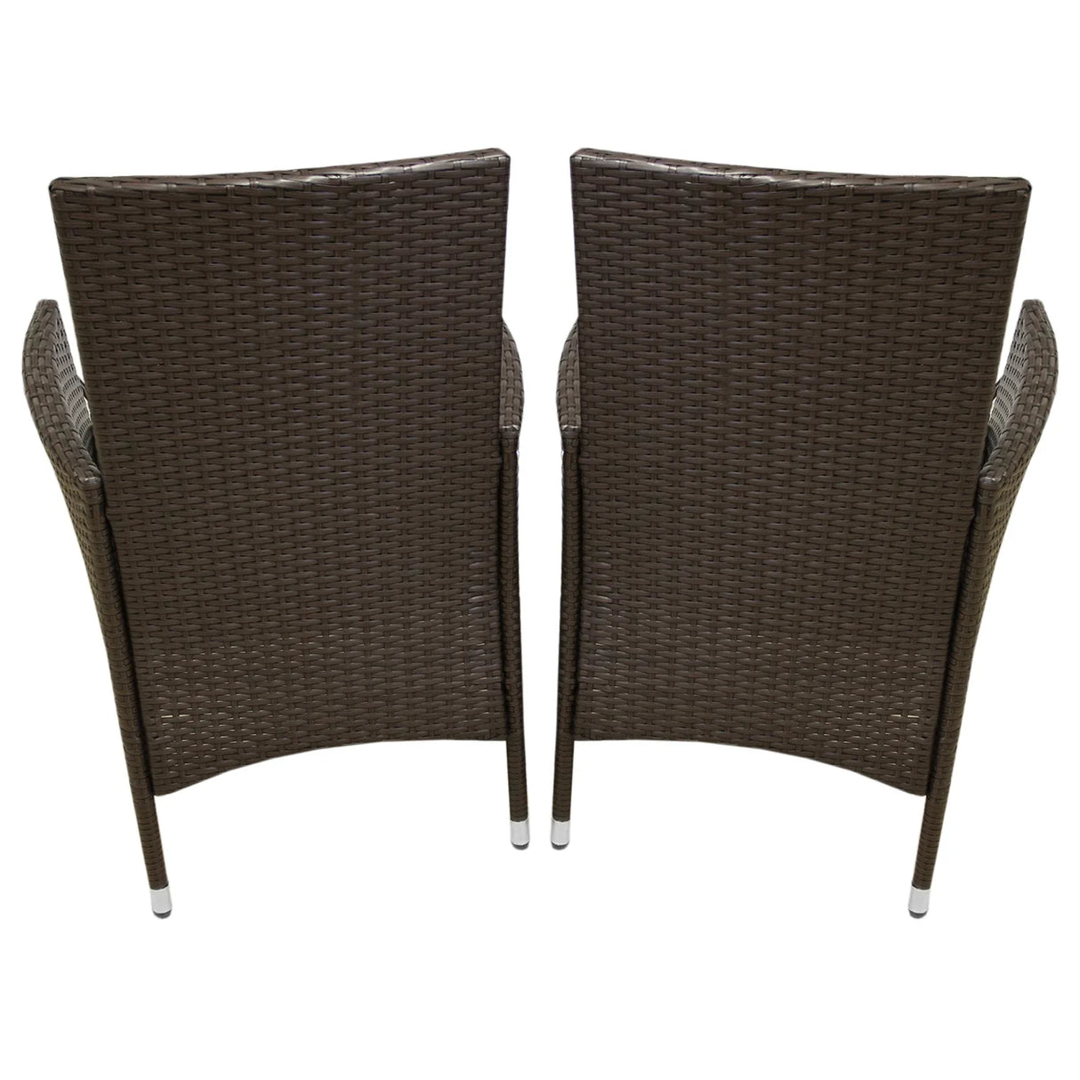 Brown rattan bistro set featuring two stylish chairs with curved backs and armrests, perfect for outdoor dining or lounging