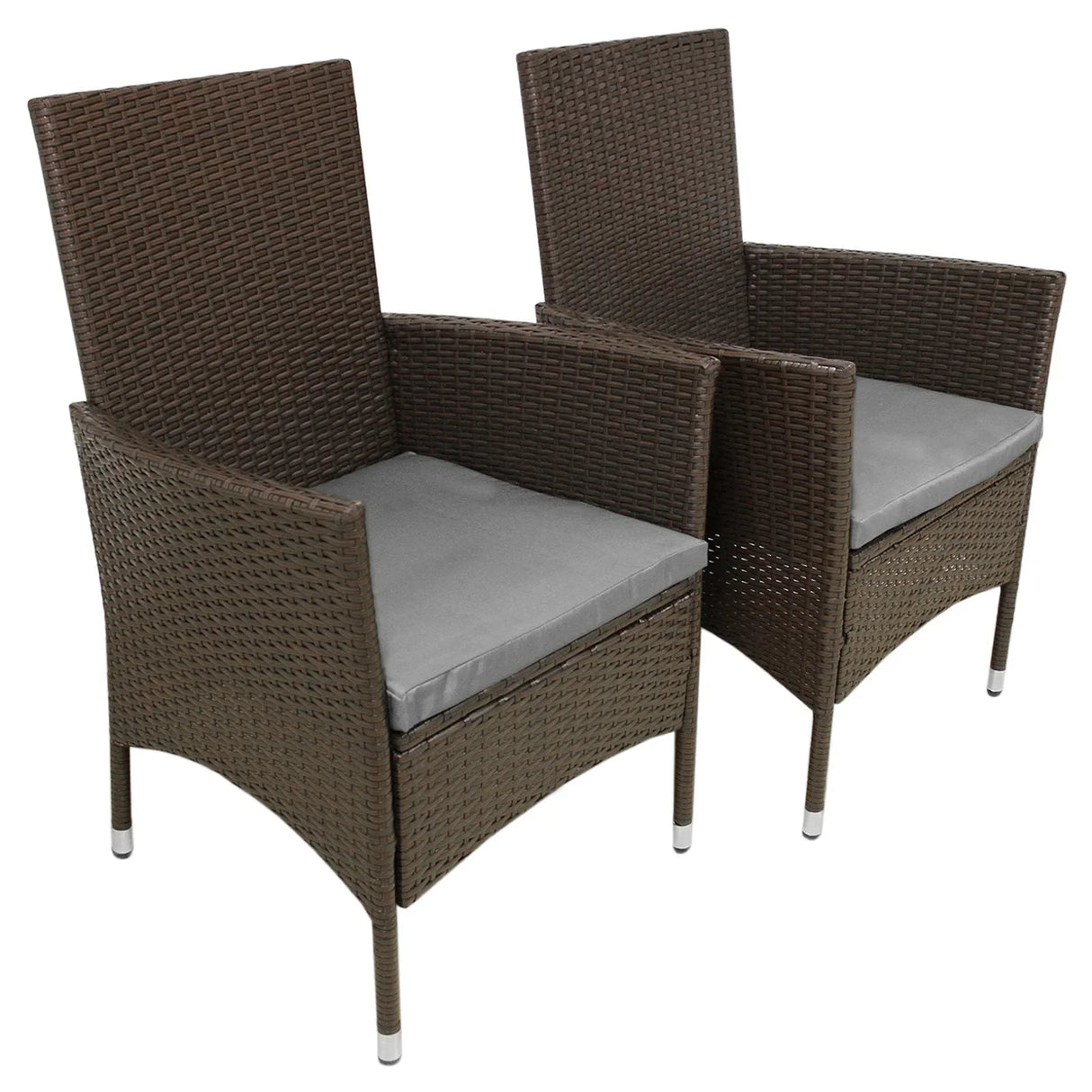 Brown rattan bistro set featuring two chairs with gray cushions, perfect for outdoor dining and relaxation in any garden or patio