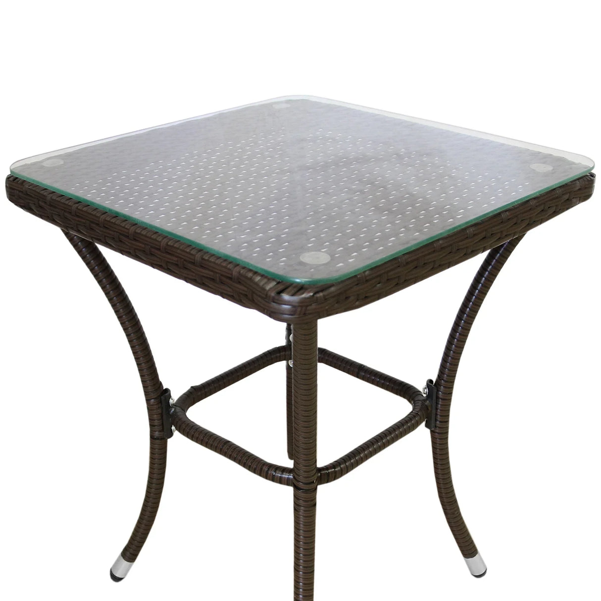 Brown rattan bistro table with a glass top, featuring a sleek square design and sturdy curved legs, perfect for outdoor dining