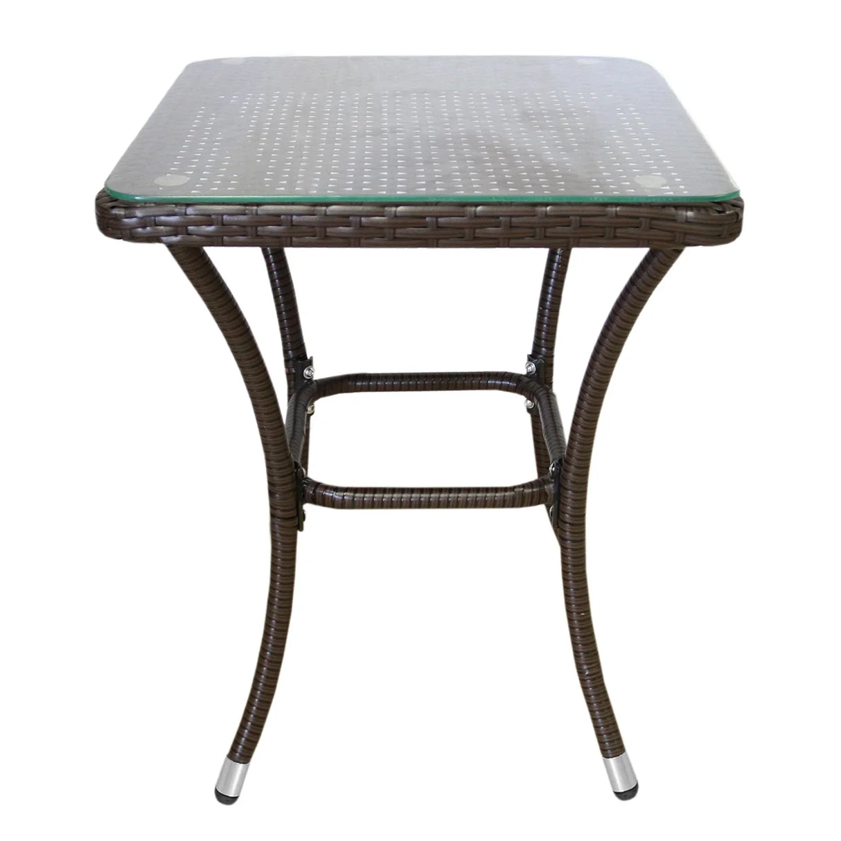 Brown rattan bistro table with a square glass top, featuring curved legs and a woven texture, perfect for outdoor dining