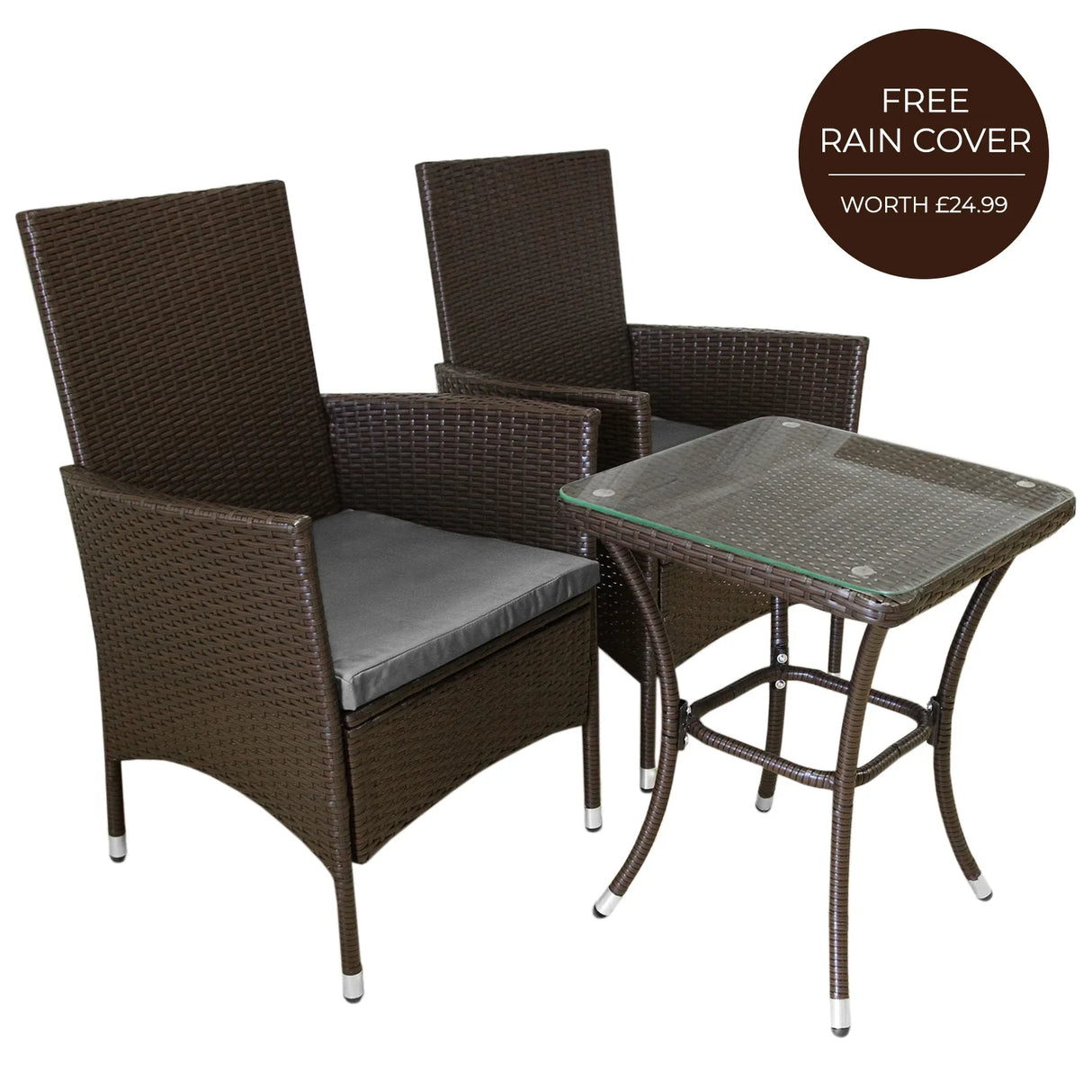 Brown Jardí rattan bistro set featuring two high-back chairs with gray cushions and a glass-top table, ideal for outdoor dining