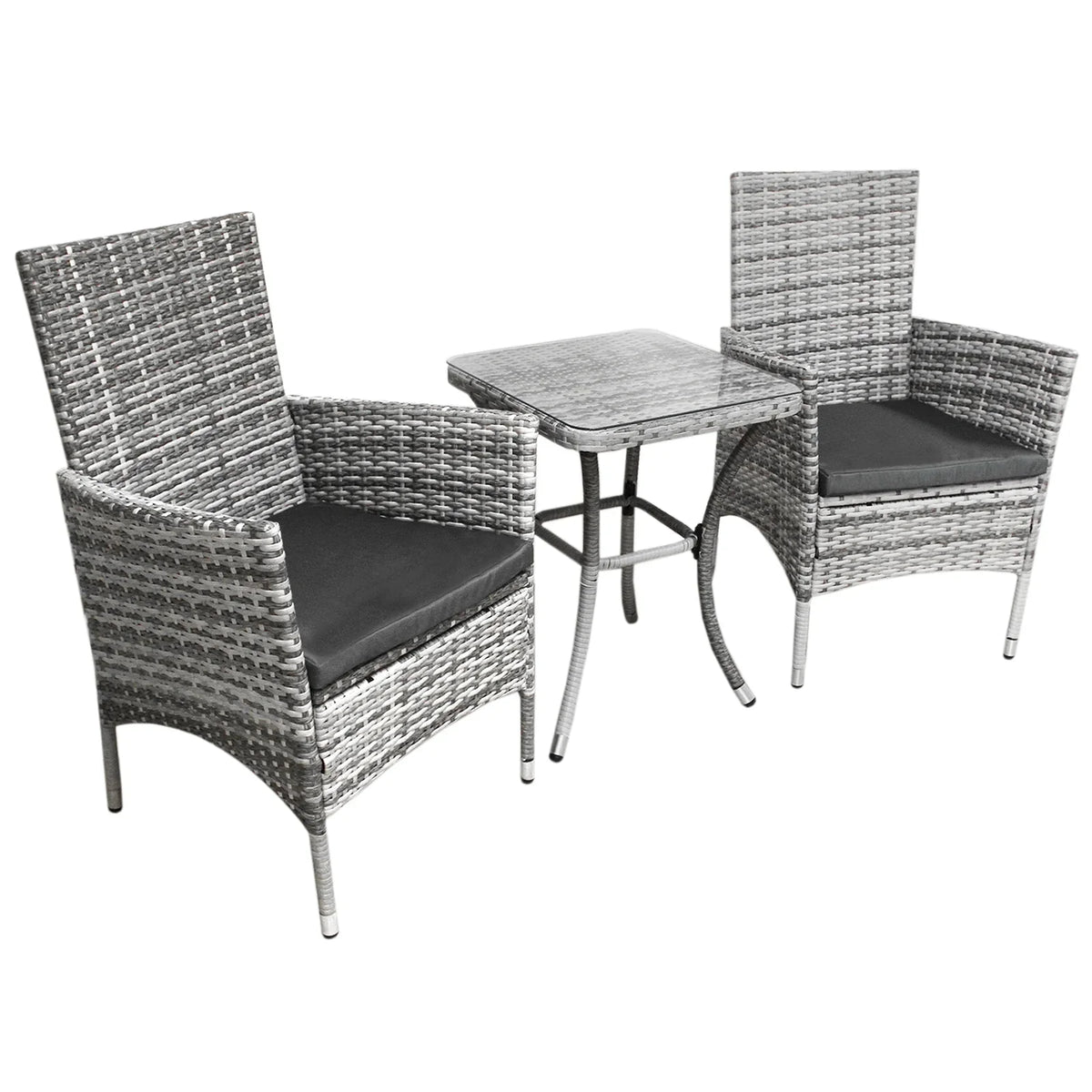 Light grey rattan bistro set featuring two chairs with black cushions and a matching square table, perfect for outdoor dining