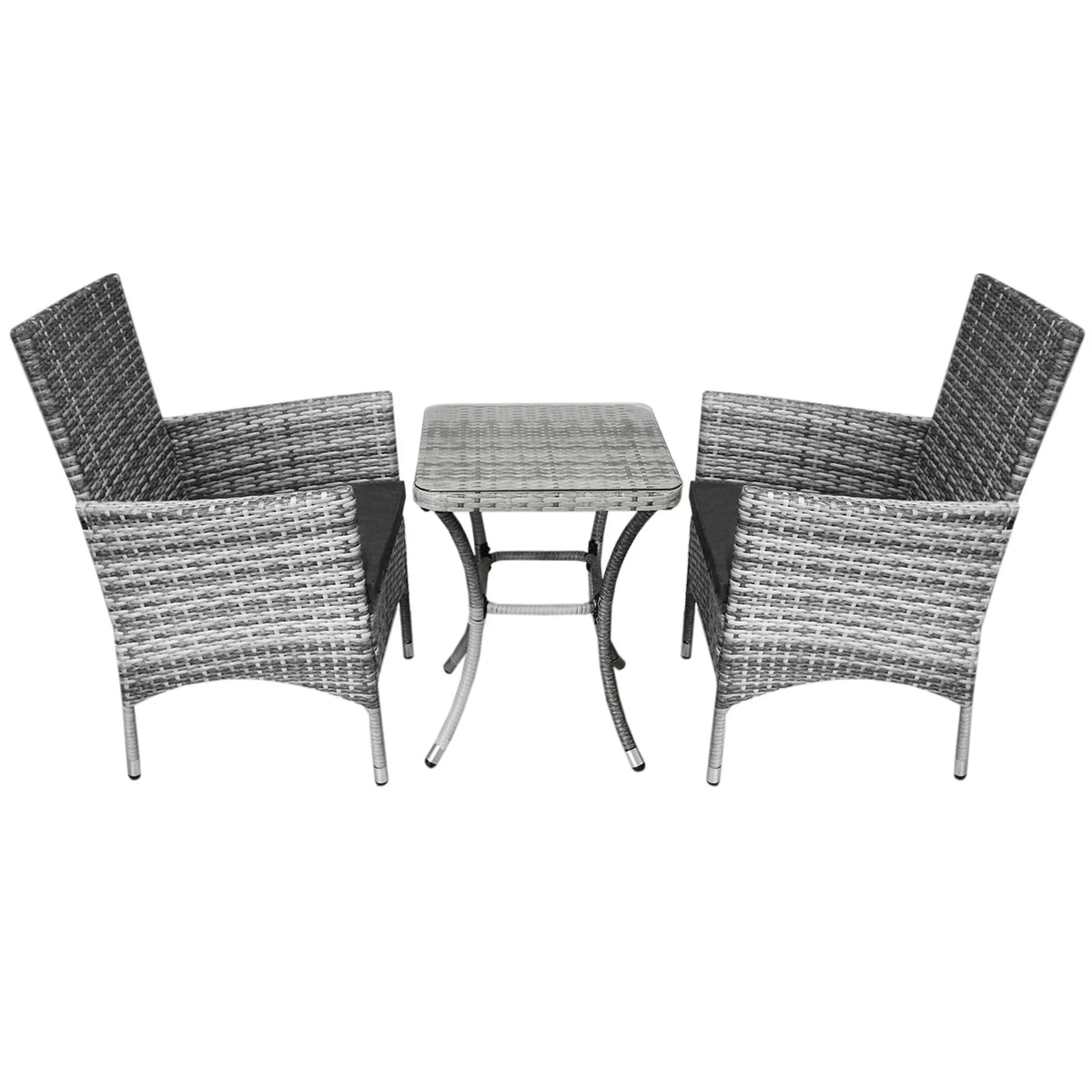 Light grey Jardí rattan bistro set featuring two woven chairs with black cushions and a matching square table, perfect for outdoor dining