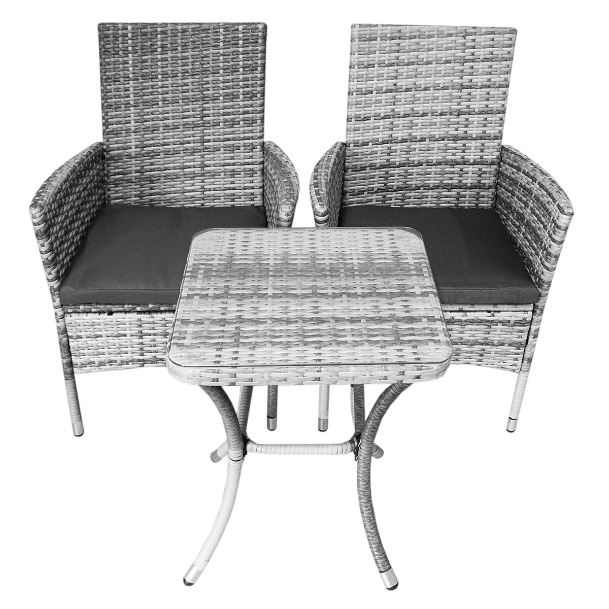 Light grey Jardí rattan bistro set featuring two cushioned chairs and a square table, perfect for outdoor dining or lounging