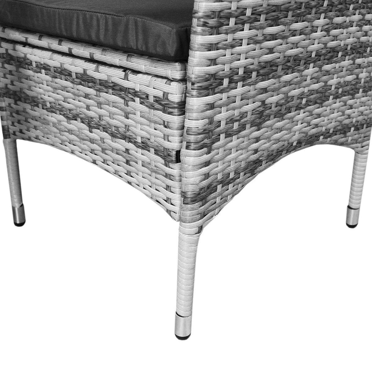 Light grey rattan bistro set featuring woven texture, sleek metal legs, and a comfortable black cushion for outdoor dining