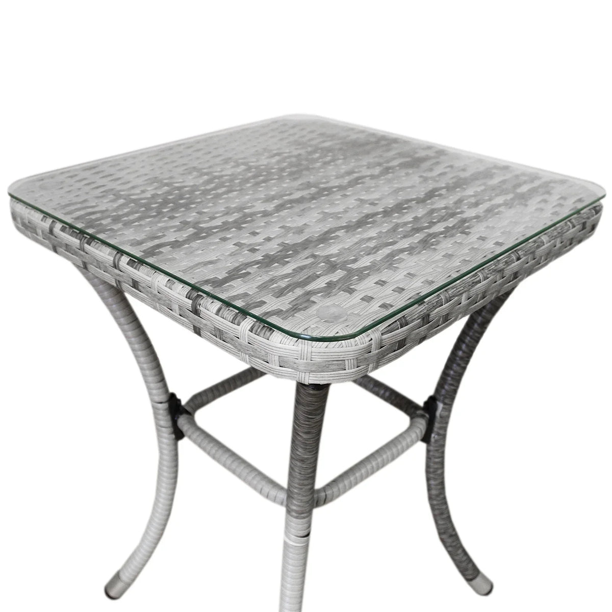 Light grey rattan bistro table with a textured surface and sleek glass top, featuring curved legs for a modern outdoor look