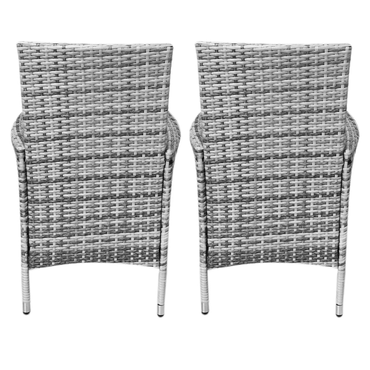 Light grey rattan bistro chairs with curved backs and sturdy metal legs, perfect for outdoor dining or cozy patio settings