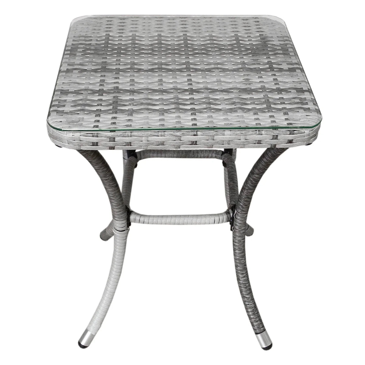 Light grey rattan bistro table with a square glass top and curved legs, perfect for outdoor dining or small spaces