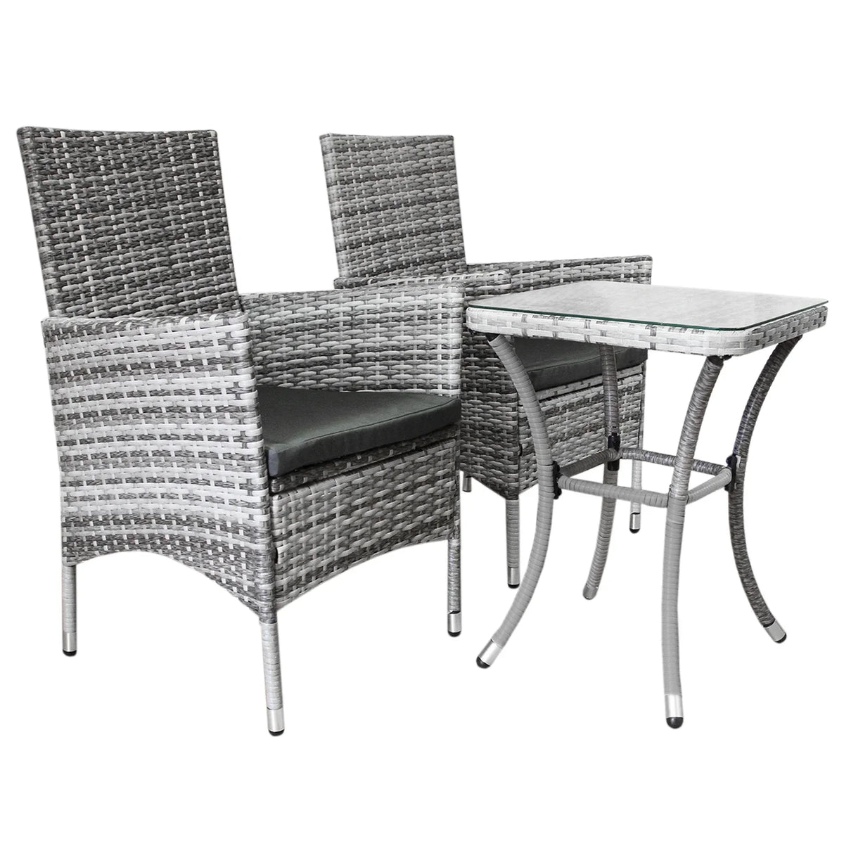 Light grey rattan bistro set featuring two chairs with cushions and a matching square table, ideal for outdoor dining and relaxation