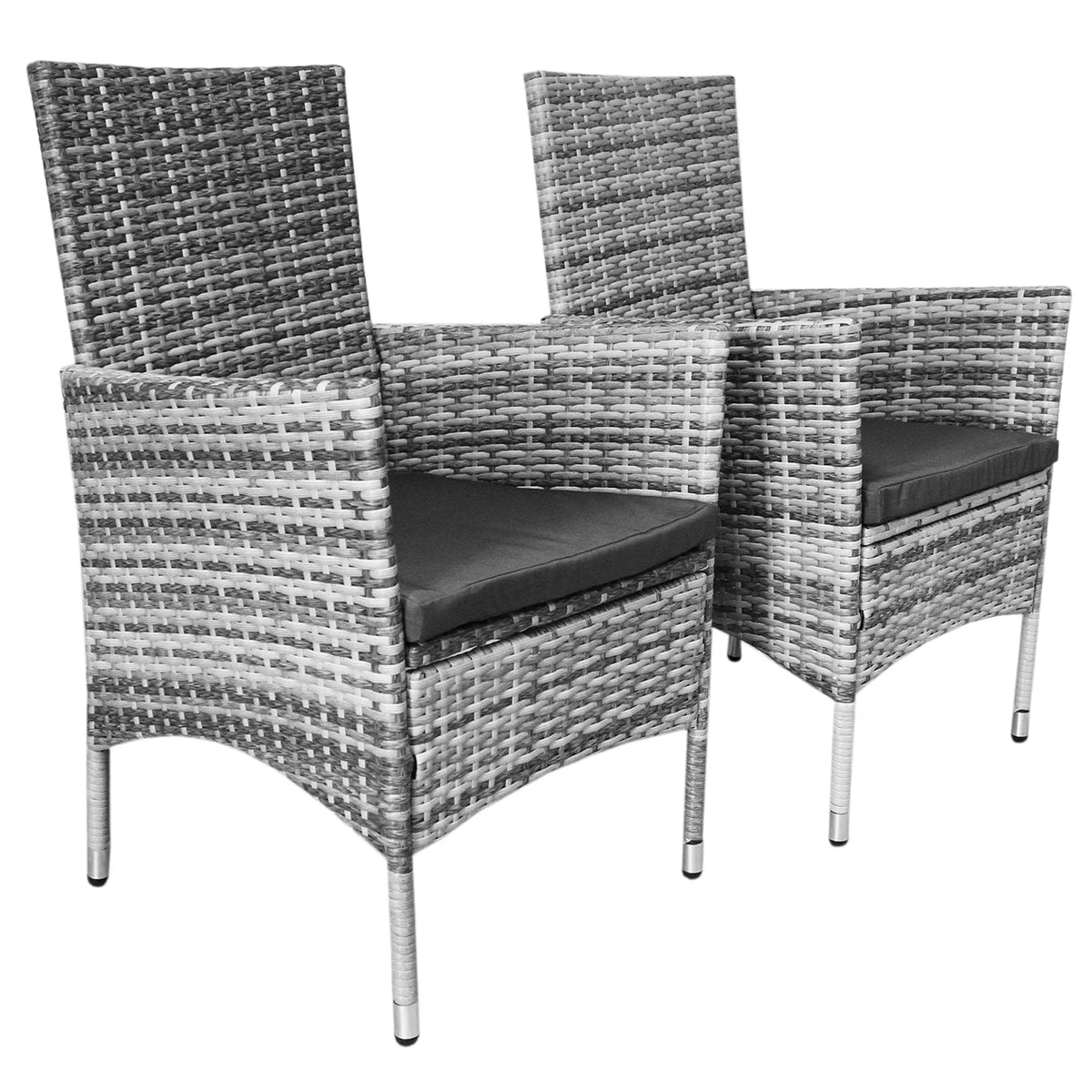 Light grey rattan bistro set featuring two stylish chairs with comfortable cushions and a woven texture, perfect for outdoor dining