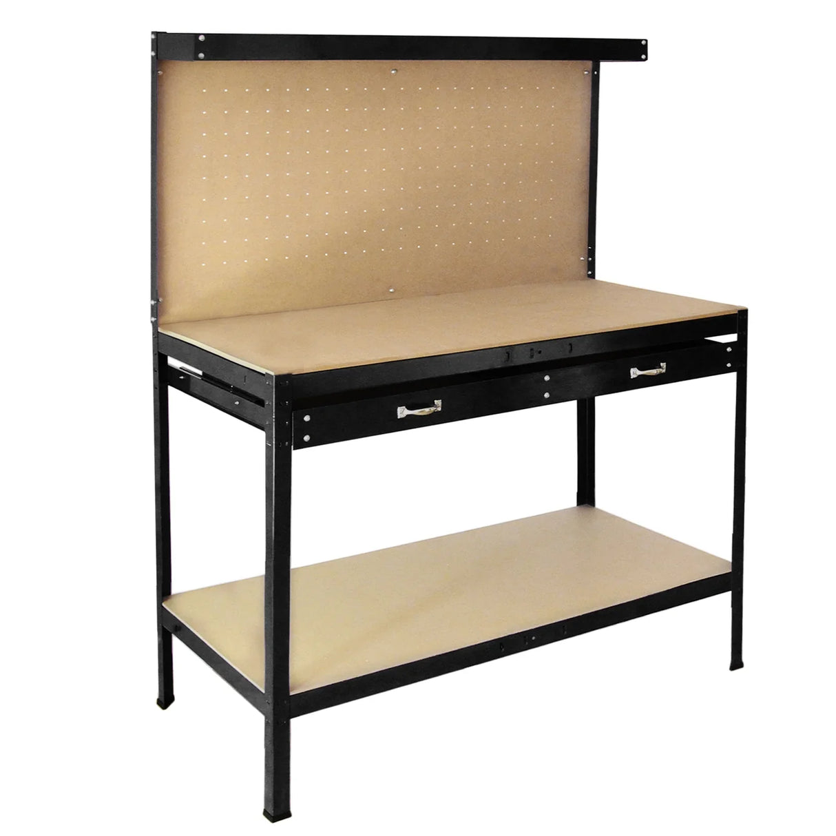 Black workbench featuring a pegboard back, spacious drawer, and sturdy metal frame, ideal for organization and workspace efficiency
