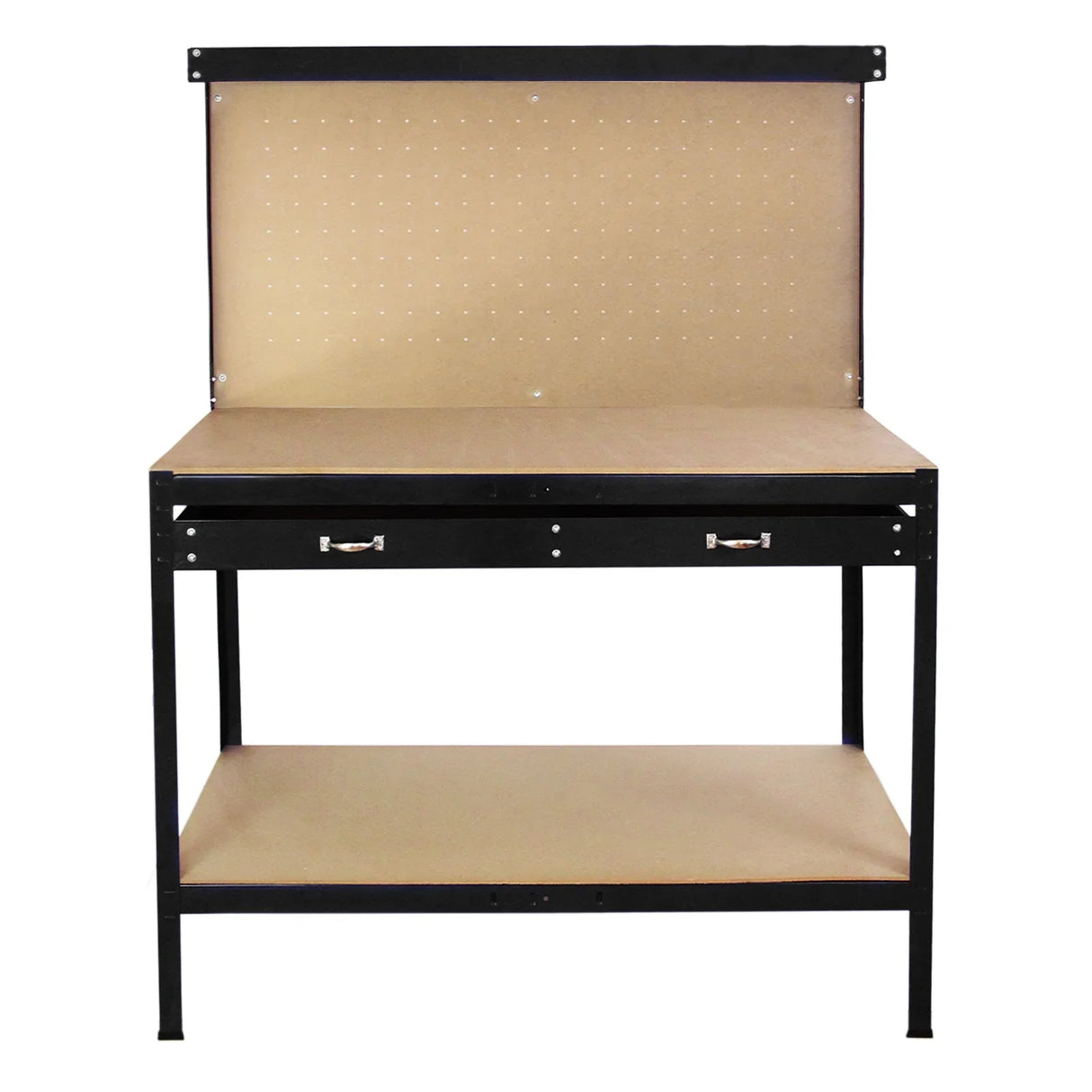 Black workbench featuring a pegboard back, two drawers, and a sturdy surface, ideal for organizing tools and workspace