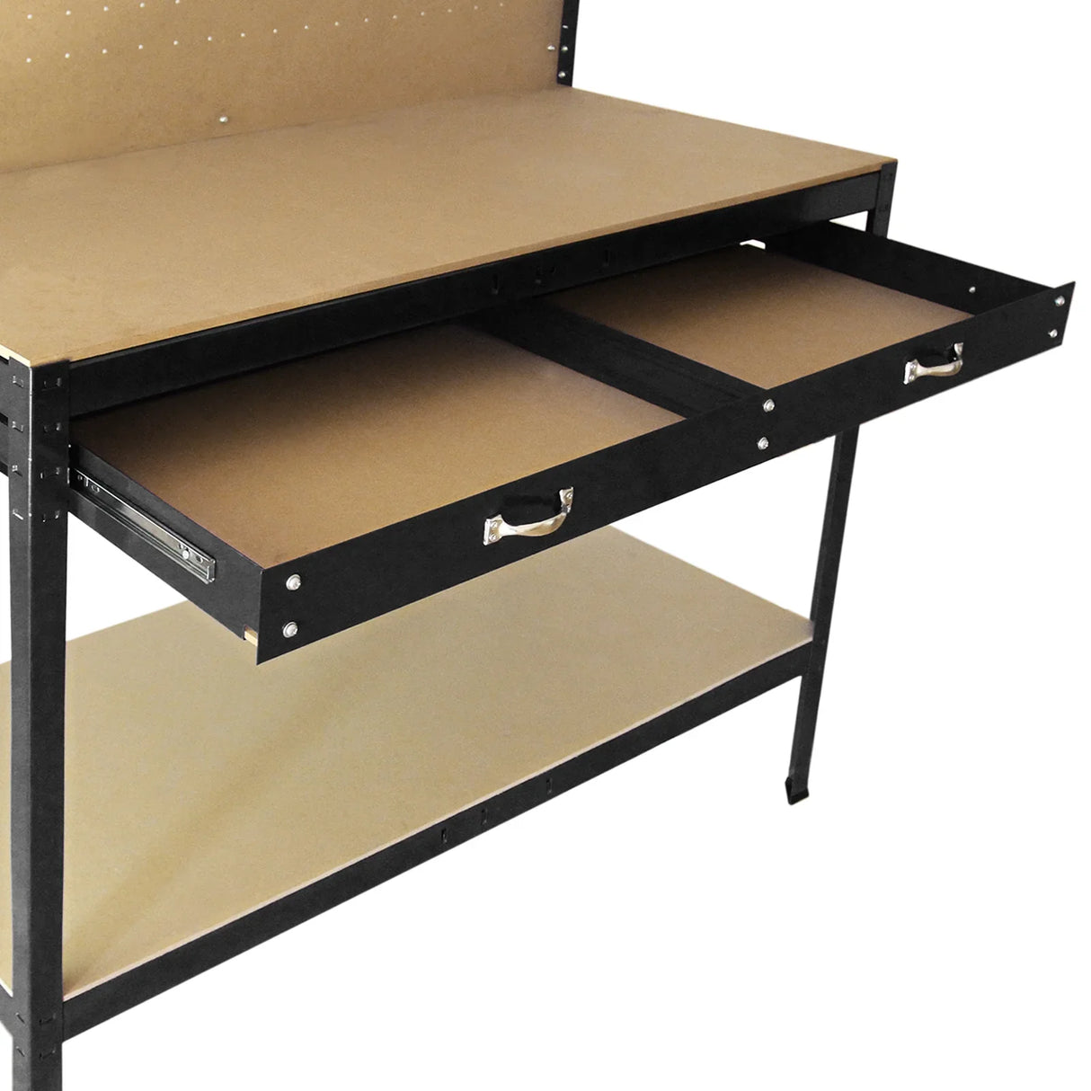Black workbench featuring a sturdy pegboard back, two spacious drawers, and a smooth, durable surface for various projects