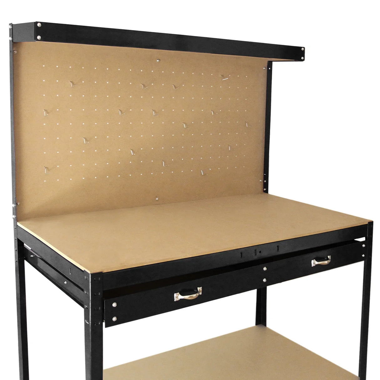 Black workbench featuring a pegboard back, smooth wood surface, and two drawers for storage, ideal for organizing tools and workspace