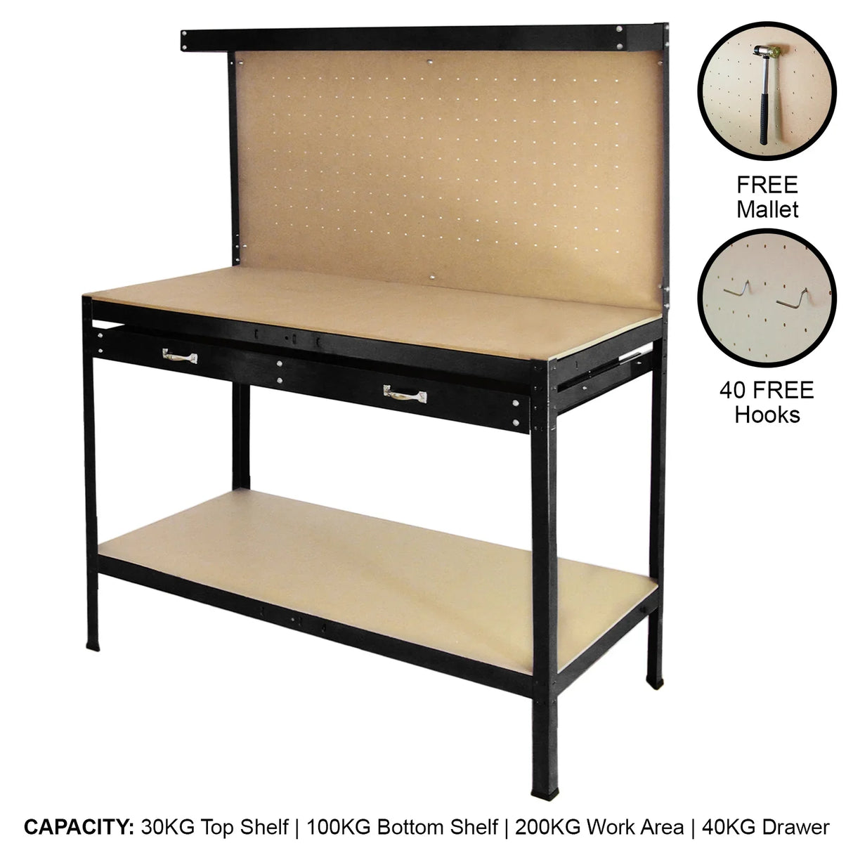 Black workbench featuring a pegboard back, two drawers, and a sturdy wooden work surface, ideal for organizing tools and projects