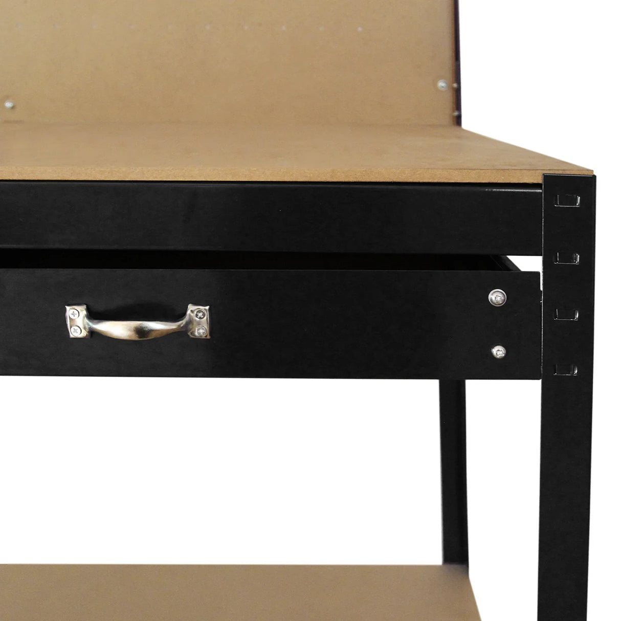 Black workbench featuring a pegboard back, a smooth wooden top, and a metal drawer with a decorative handle for storage