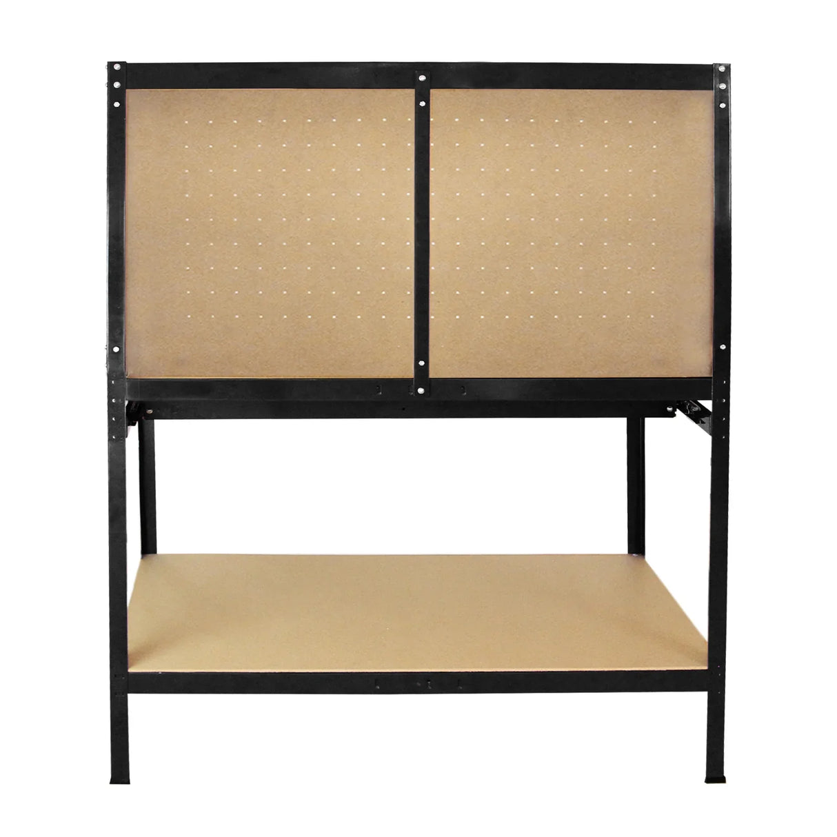 Black workbench featuring a pegboard back and a spacious drawer, designed for organization and efficiency in any workspace