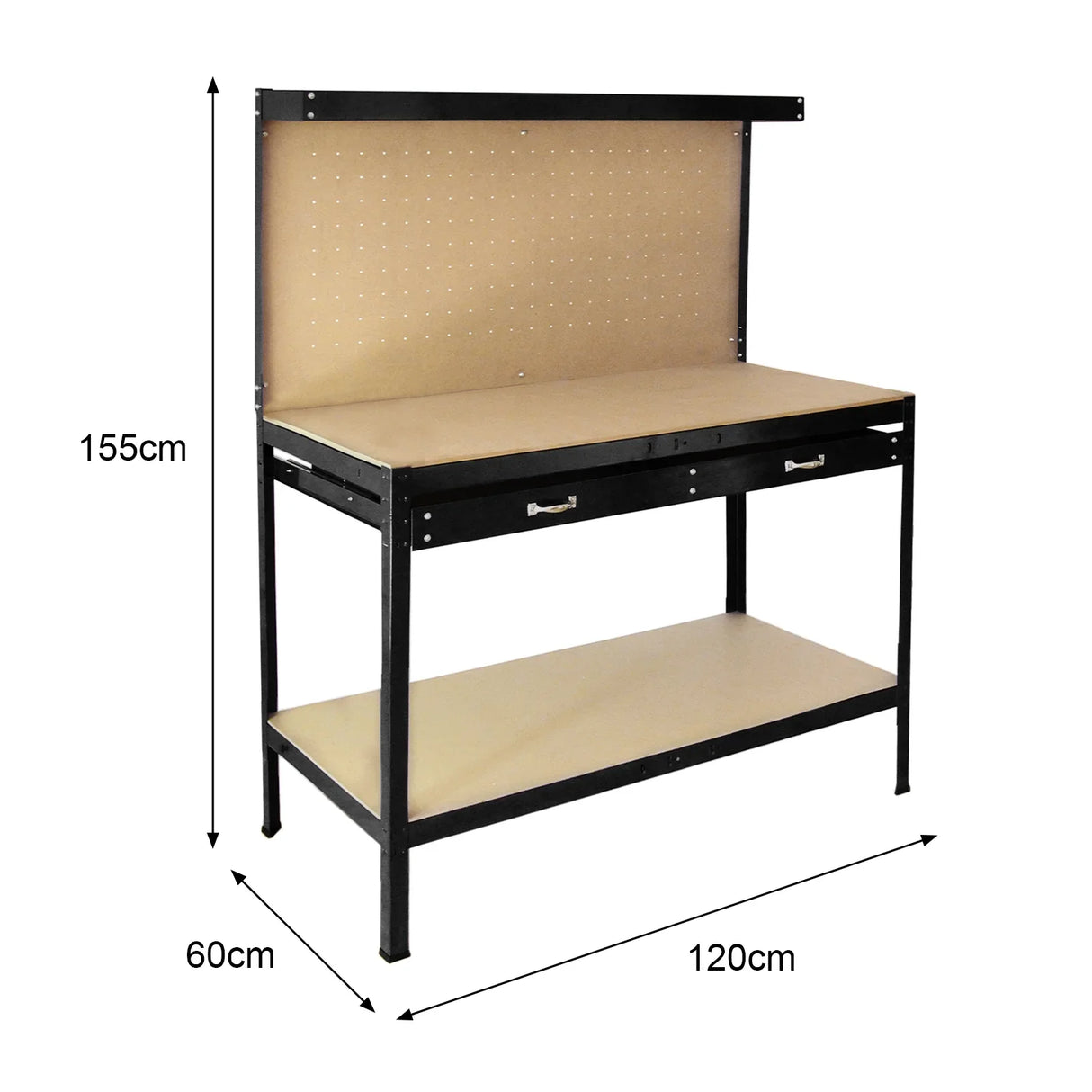 Black workbench featuring a pegboard and drawer, with a sturdy metal frame and smooth wooden surface, measuring 120cm by 60cm