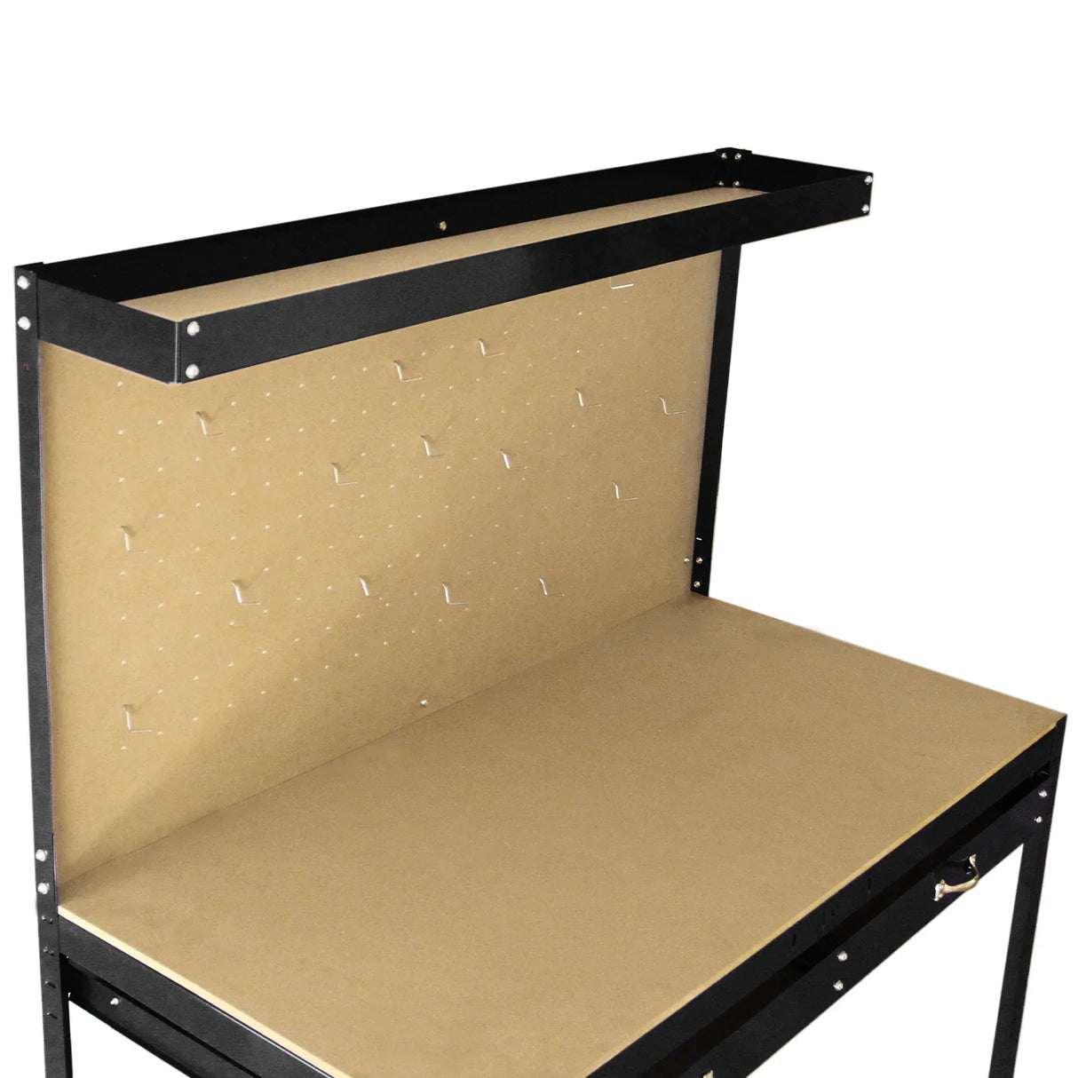Black workbench featuring a pegboard back and a spacious drawer, designed for organization and efficient workspace use