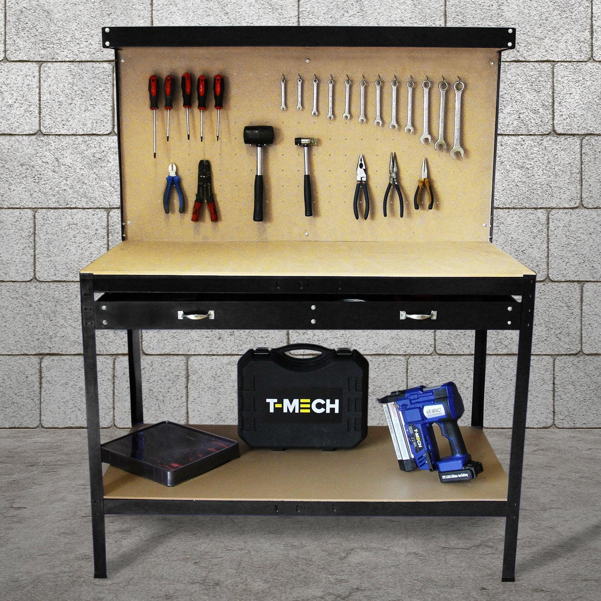 Black workbench featuring a pegboard with tools, a spacious drawer, and a sturdy design, ideal for organizing workspace essentials