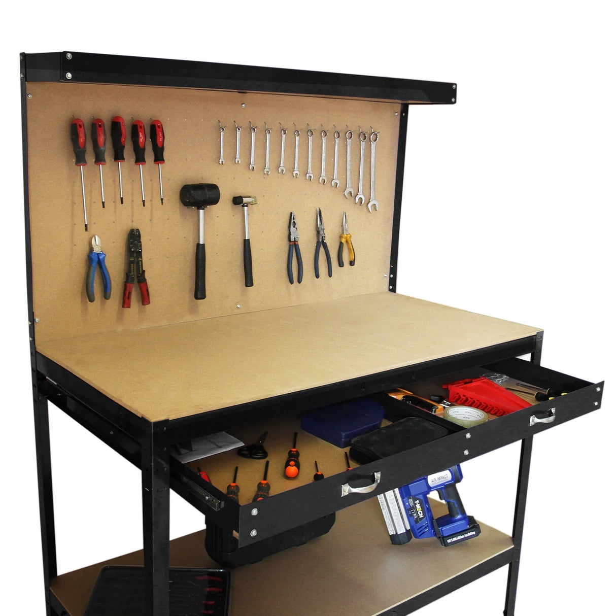 Black workbench featuring a pegboard with hanging tools, a smooth surface, and a spacious drawer for storage underneath