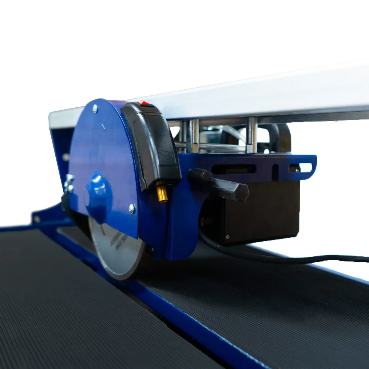 Wet tile cutter bench with a blue motor, 720mm cutting capacity, and textured black surface for stability and precision cutting