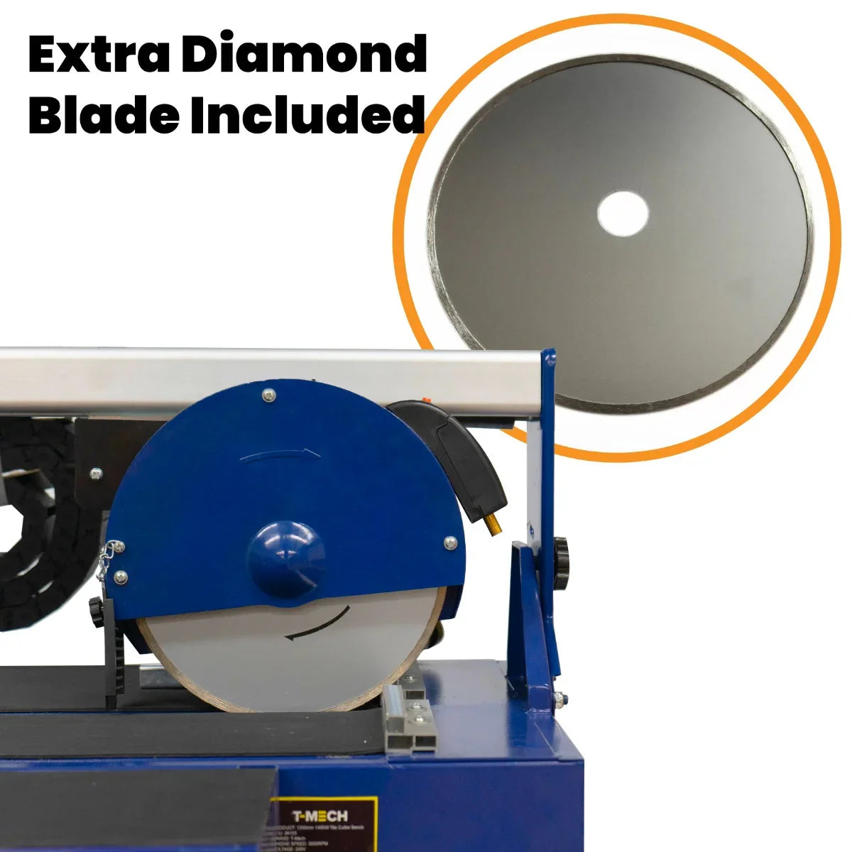 Wet tile cutter bench with a blue body, featuring a circular diamond blade and an extra blade included for enhanced cutting performance