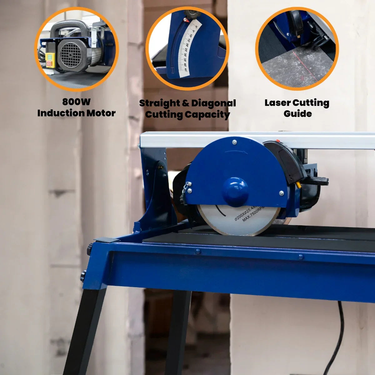 Wet tile cutter bench with 800W induction motor, featuring a blue frame, laser cutting guide, and adjustable cutting capacity
